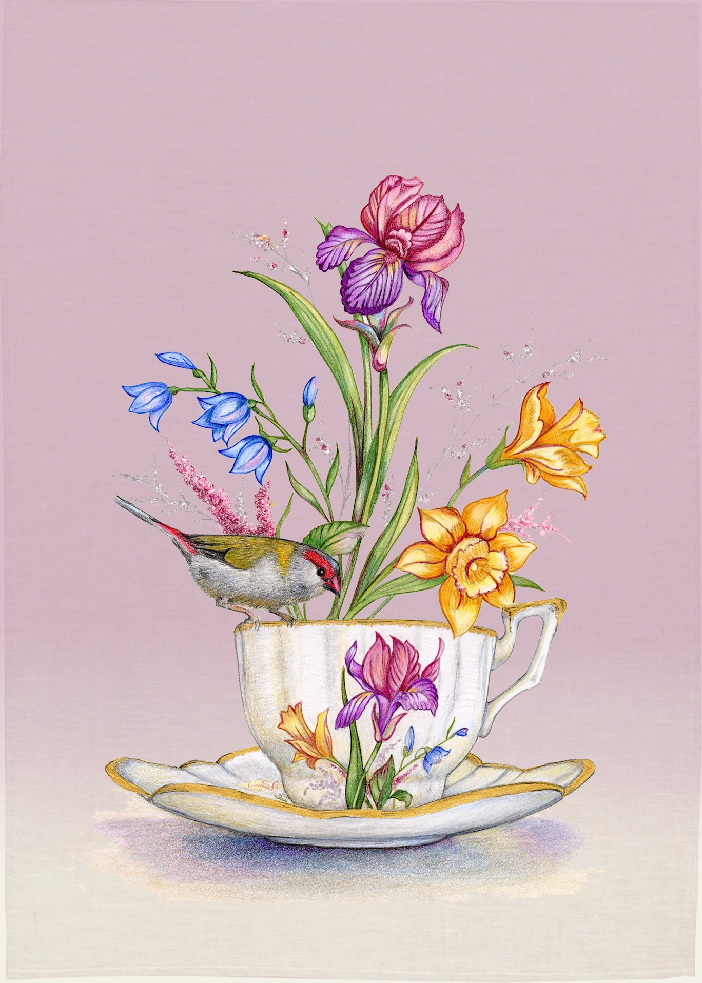Tea Cup Finch Tea Towel